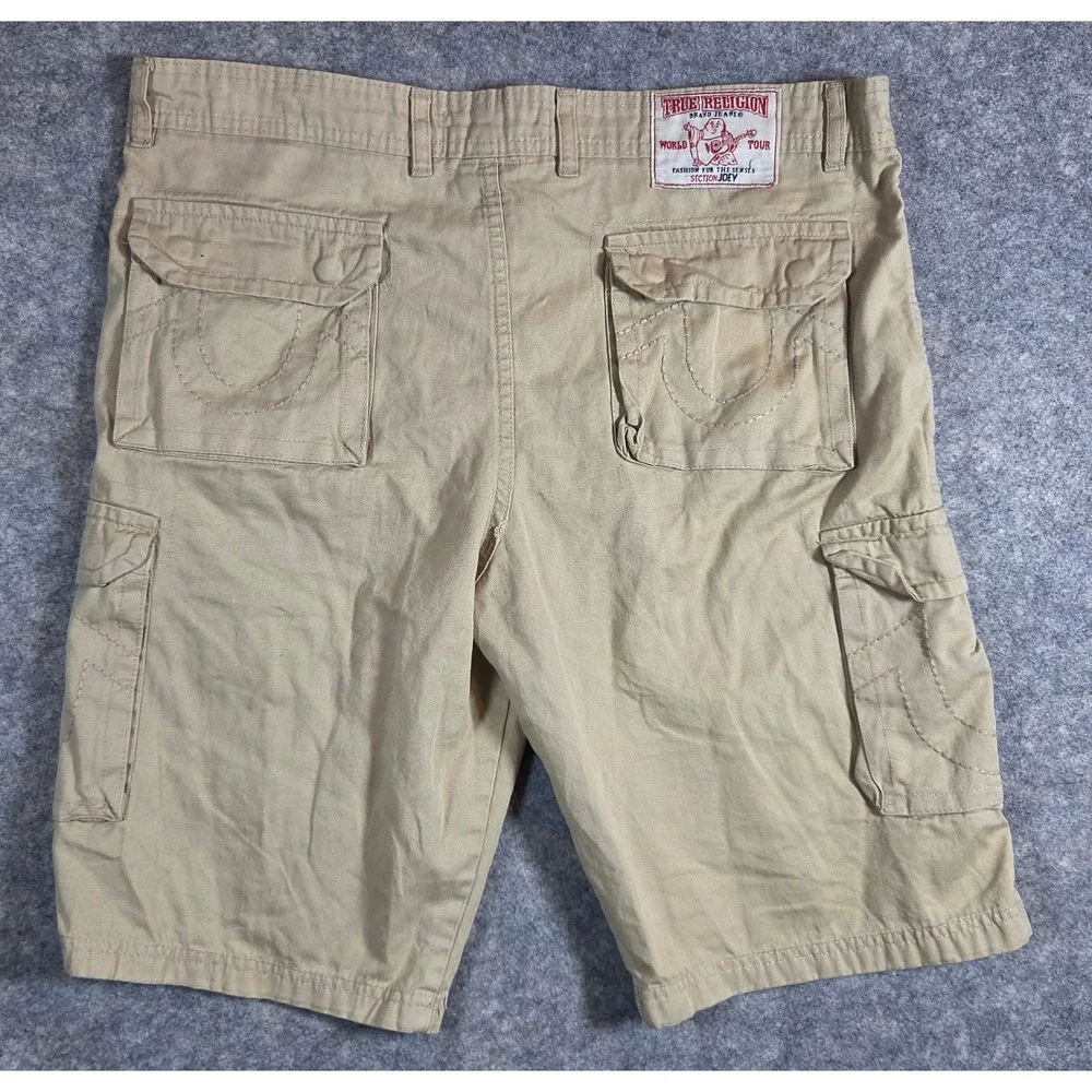 Vintage True Religion Joey Cargo Shorts Mens 36 Tan Khaki Made in USA Horseshoe